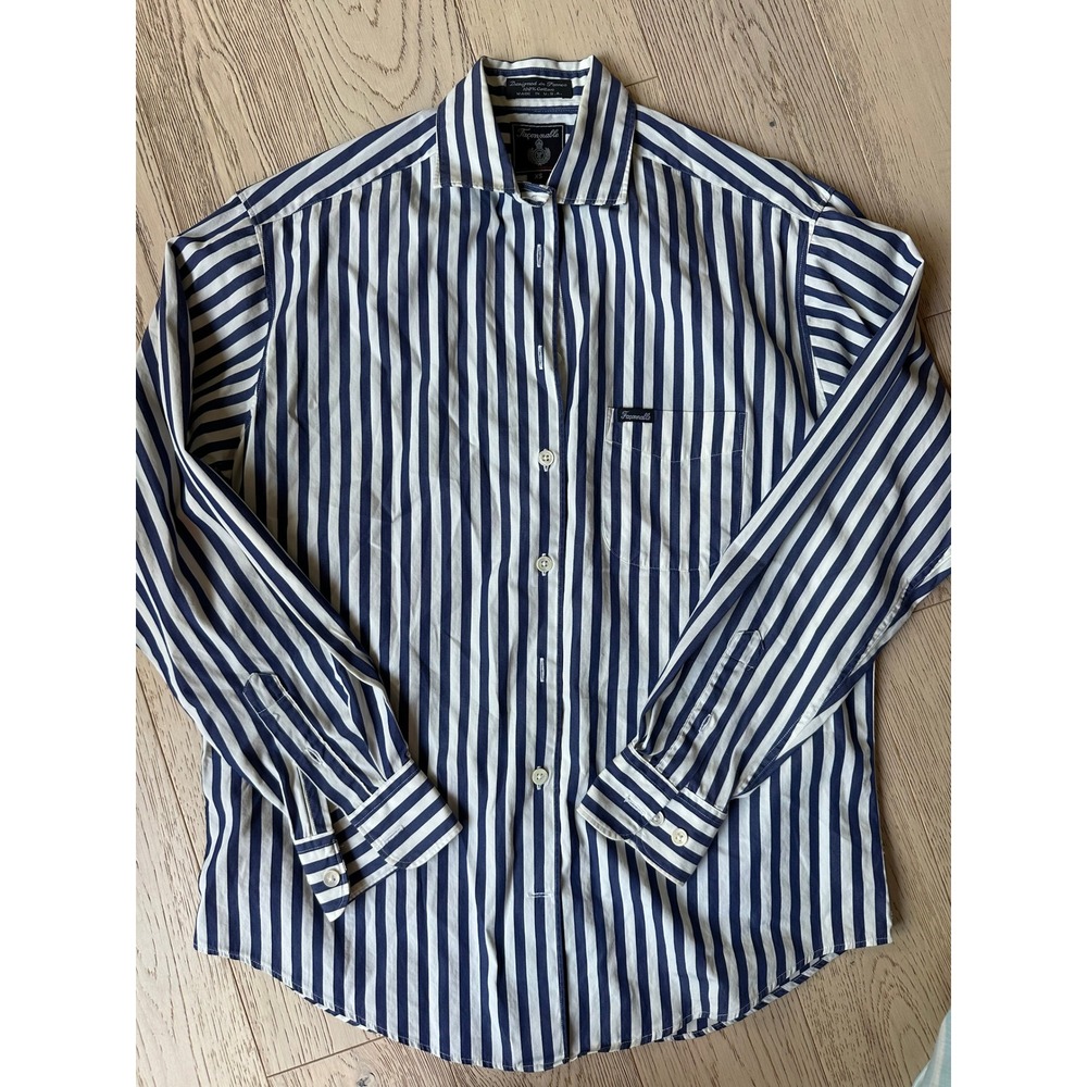Faconnable Mens XS Button Down Shirt Navy Blue White Striped Cotton Made in USA